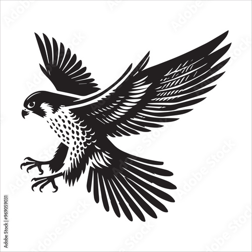 Peregrine Falcon Silhouette Design, Peregrine Clipart Graphic, Peregrine Bird vector illustration in black and white