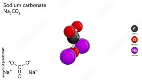3D animated model of a sodium carbonate molecule. Sodium carbonate (washing soda, soda ash, soda crystals) is the inorganic compound with the formula Na2CO3. white background, seamless loop. 3d render