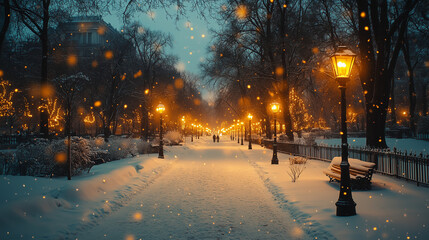 night winter city park with lanterns and trees