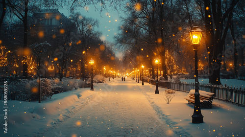 night winter city park with lanterns and trees