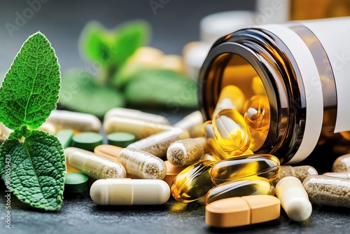 A collection of natural supplements next to a traditional pill bottle, highlighting the contrast between herbal medicine and pharmaceutical drugs photo