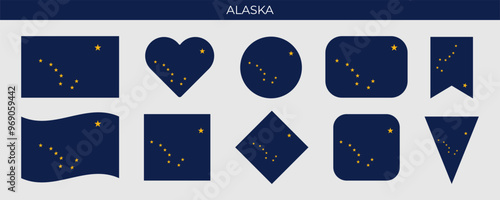 Alaska state flag set. American state flag of different shapes. Vector illustration isolated on white background