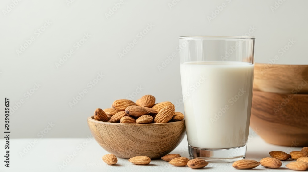 Glass of almond milk next to a wooden bowl filled with almonds on a light background. Healthy, vegan alternative to dairy. Glass of almond milk next to a wooden bowl filled with almonds on a light background. Healthy, vegan alternative to dairy.