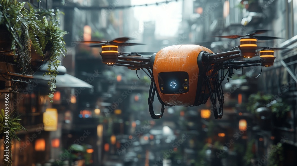 Autonomous AI-powered drones delivering food in urban areas: Drones using AI to navigate city streets and deliver meals directly to customers. Autonomous AI-powered drones delivering food in urban areas: Drones using AI to navigate city streets and deliver meals directly to customers.