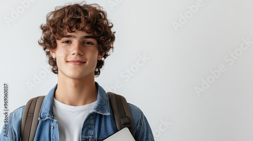Confident teenage boy with curly hair holding notebooks, standing against a light gray background, ready for school. Education, youth, focus.