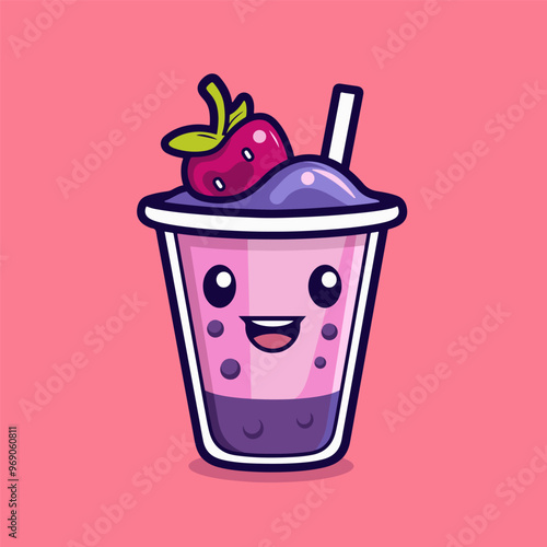 A berry drink in a cute cup, smiling with a fresh summer vibe