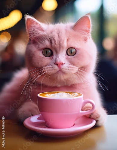 Cute white cat with pink cup of coffee on the table.