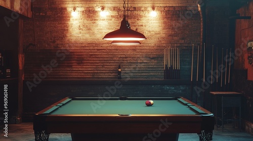 a pool or billiards table in a pool hall or bar with interesting lighting
