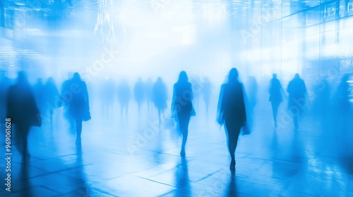 abstract silhouettes of crowds of people in the fog, blurred light background urban view traffic