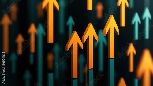 Abstract digital chart with arrows pointing upward symbolizing profit and capital gain, futuristic financial visualization