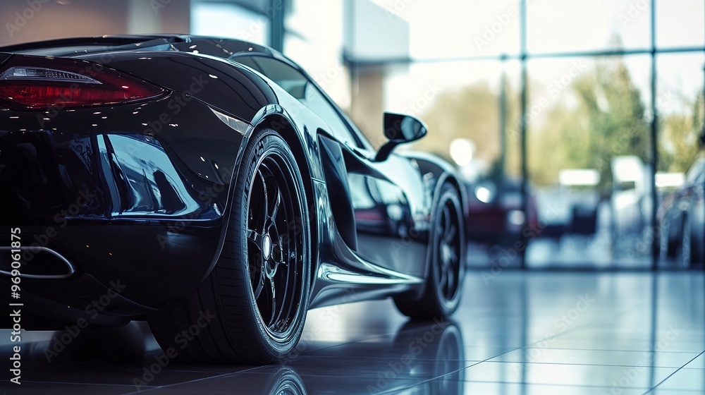 Black sportscar parked inside showroom being detailed Black sportscar parked inside showroom being detailed