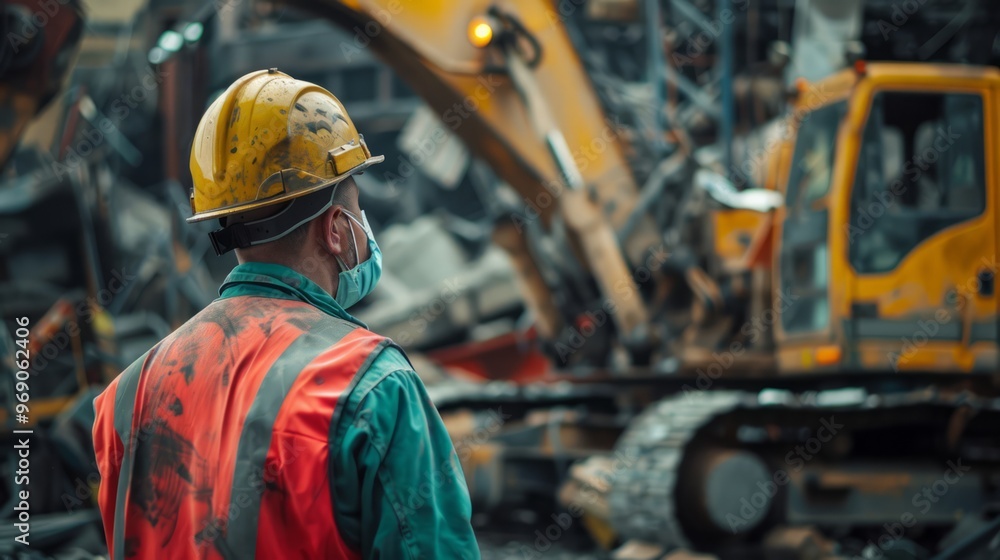 Industrial accident, technician assessing damage, safety gear Industrial accident, technician assessing damage, safety gear