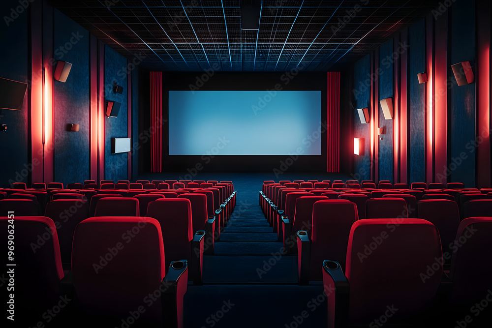 Fototapeta premium Empty modern movie theatre interior with screen and seats