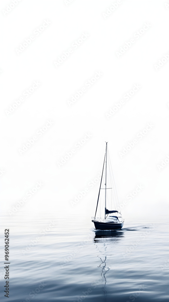 Fototapeta premium A yacht sailing on a serene white sea with soft ripples and distant hills shrouded in mist creates a tranquil and peaceful scene