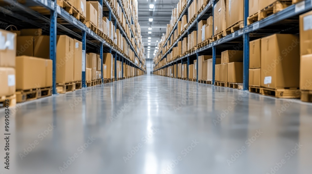 A spacious warehouse interior with organized rows of cardboard boxes on pallets, showcasing storage efficiency and logistics. A spacious warehouse interior with organized rows of cardboard boxes on pallets, showcasing storage efficiency and logistics.