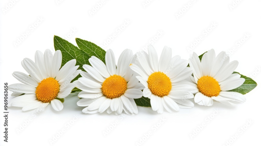 Obraz premium Close up of Daisy Flowers with leaves isolated on white background. Photography Stock.