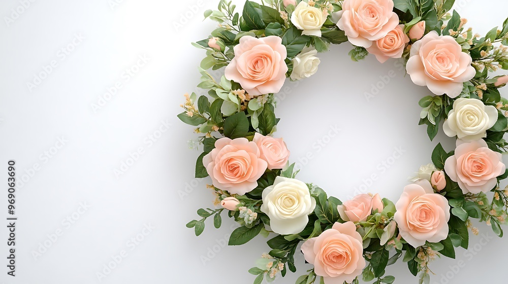 Elegant Spring Wreath of Pastel Roses and Greenery on a White Background, Featuring Ample Copy Space for Custom Invitations, Event Announcements, or Advertisements Elegant Spring Wreath of Pastel Roses and Greenery on a White Background, Featuring Ample Copy Space for Custom Invitations, Event Announcements, or Advertisements