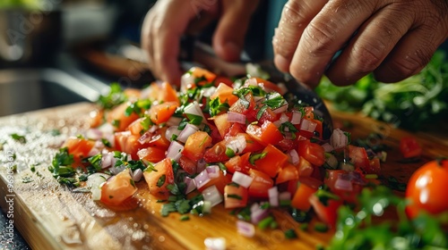 Making fresh salsa with tomatoes, onions, and cilantro, and using a chopping board in a home kitchen