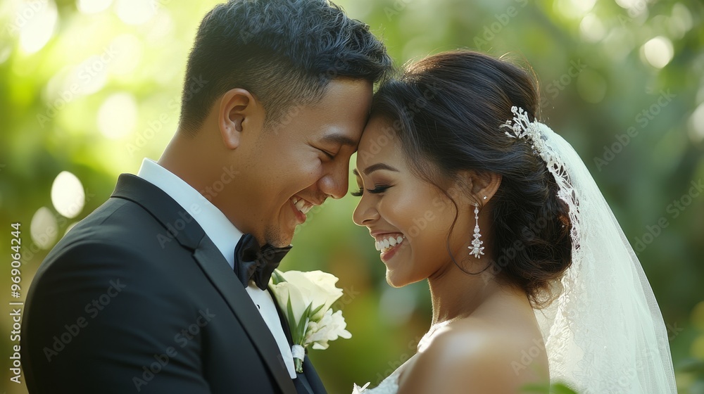 Outdoor Wedding Setting with a Newlywed Couple Embracing and Laughing Outdoor Wedding Setting with a Newlywed Couple Embracing and Laughing