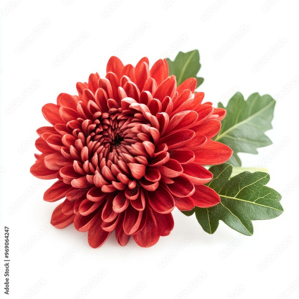 chrysanthemum flower with leaves close up marco good for design. Isolated on a white background chrysanthemum flower with leaves close up marco good for design. Isolated on a white background