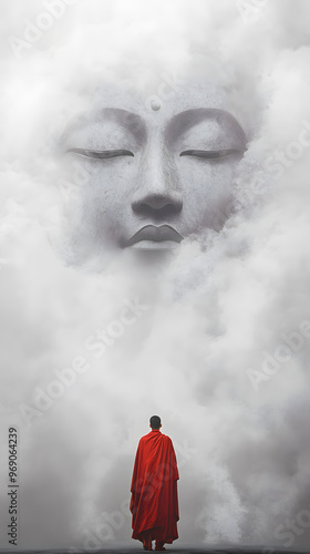 A serene scene where a monk in a vivid red robe stands with their back to the viewer, gazing up at a colossal, ethereal Buddha face that seems to form out of mist and smoke