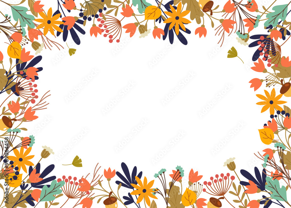Frame of autumn flowers, branches, berries, leaves, acorns in vector. Flat style.