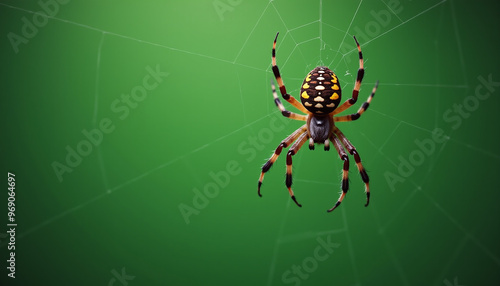 A spider dangling from a web on a solid green background with plenty of copy space for Halloween sale promotion