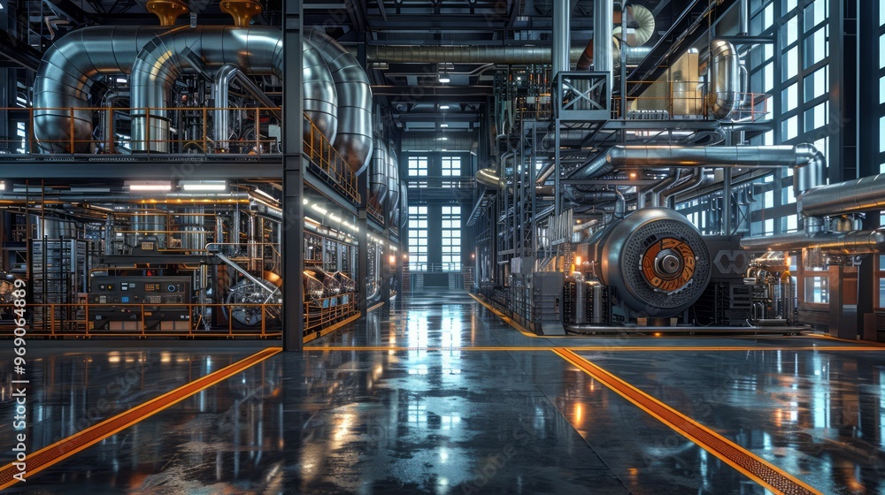 Modern factory interior with intricate network of exposed pipes and ventilation ducts, high-tech machinery Modern factory interior with intricate network of exposed pipes and ventilation ducts, high-tech machinery
