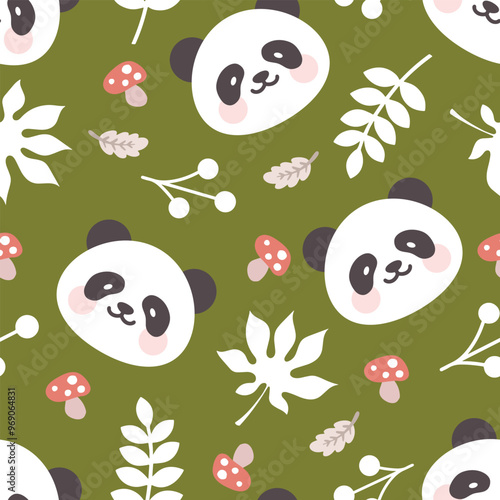 Cute panda bear in the forest with mushrooms and leaves on deep green pastel background, woodland seamless pattern background for kids textile.