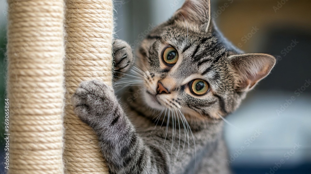 Fototapeta premium A tabby cat with green eyes looks playfully at the camera while standing on a scratching post.