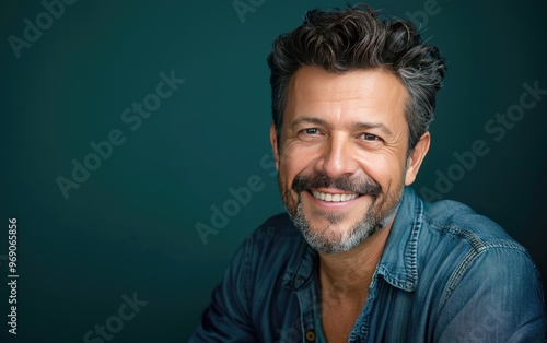 Smiling Brazilian Man Ready for a Friendly Conversation Isolated on Dark Sea Green Background, JPG Portrait image. photo