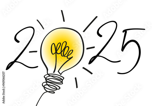 Concept de carte de vœux pour l’année 2025 avec une ampoule dessinée symbolisant une idée ou la solution à un problème, suite à un brainstorming.