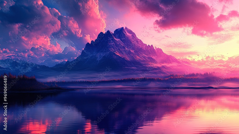 Fototapeta premium Pink and Purple Mountain Landscape with Clouds, Water, and Reflection Serene Nature Travel Scene in Sunset Light