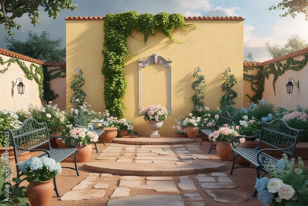 A serene and intimate French-inspired garden scene with a warm, sun-kissed yellow stucco wall as the central background A serene and intimate French-inspired garden scene with a warm, sun-kissed yellow stucco wall as the central background
