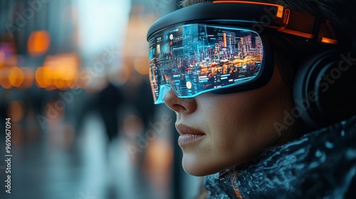 Wallpaper Mural Futuristic AR glasses offering augmented reality overlays in daily life: A person navigating a city with AR information displayed on smart glasses. Torontodigital.ca