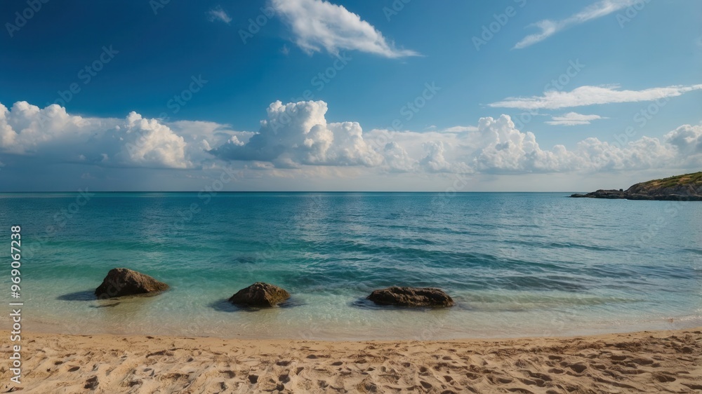 Obraz premium beach, sea, ocean, sand, sky, water, chair, summer, island, tropical, travel, nature, vacation, table, landscape, coast, holiday, resort, chairs, tourism, sun, relax, clouds, wave, seascape
