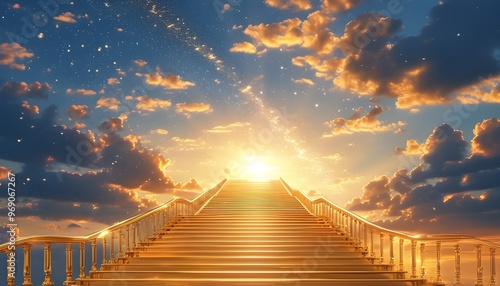 Ascendant journey of a golden staircase reaching toward a luminous sky, embodying hope, dreams, and enlightenment photo