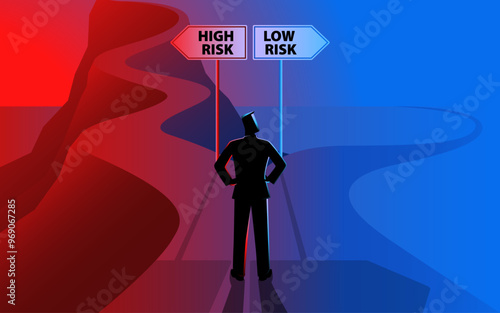 Man stands at a crossroads, choosing between two paths: High Risk with a challenging, uphill road, and Low Risk with a smooth, flat road. symbolizes decision-making, risk assessment and strategy