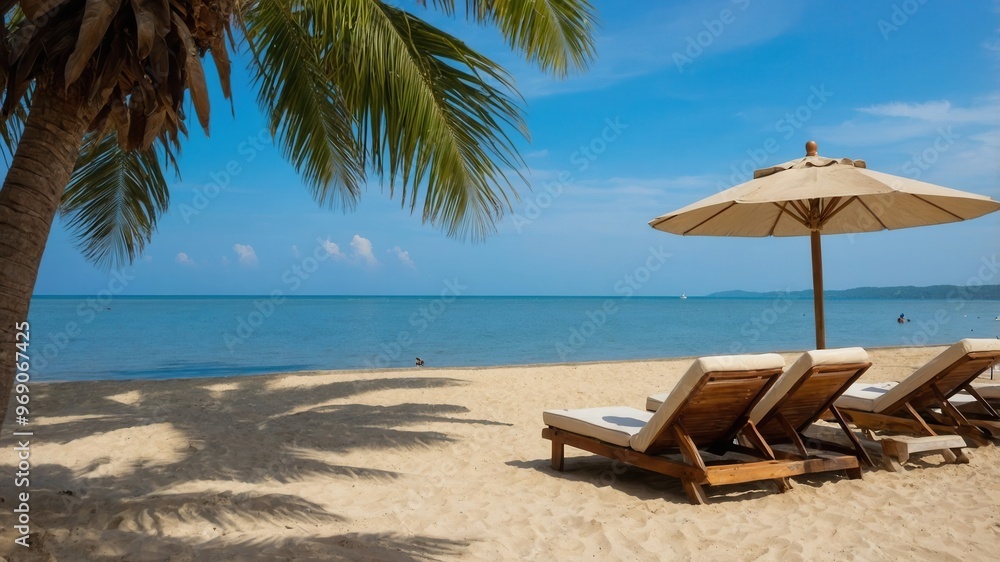 Fototapeta premium beach, sea, ocean, sand, sky, water, chair, summer, island, tropical, travel, nature, vacation, table, landscape, coast, holiday, resort, chairs, tourism, sun, relax, clouds, wave, seascape
