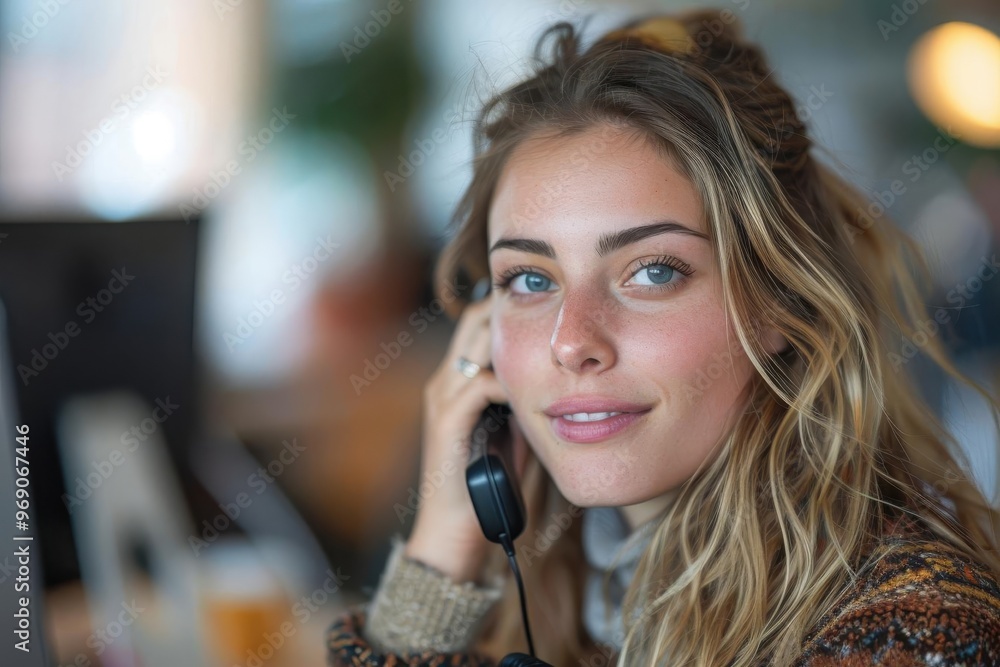 A young woman smiling while talking on the phone in a modern office, showcasing professionalism and approachability. A young woman smiling while talking on the phone in a modern office, showcasing professionalism and approachability.