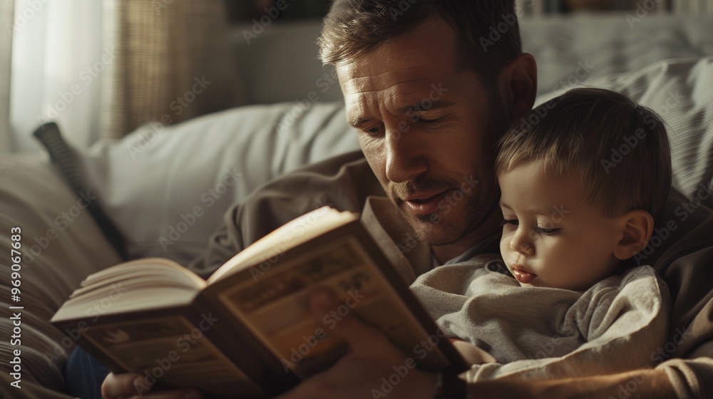 Heartfelt moment between a father and his child as they read a book together at home. Heartfelt moment between a father and his child as they read a book together at home.