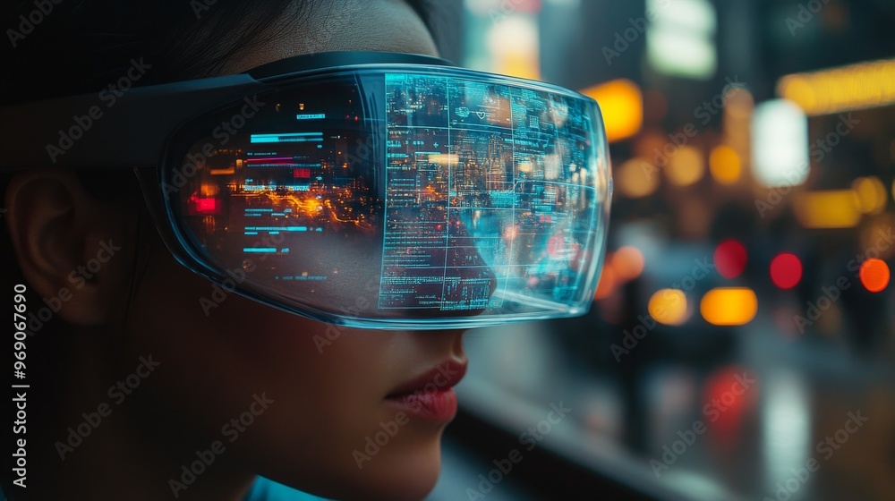 Futuristic AR glasses offering augmented reality overlays in daily life: A person navigating a city with AR information displayed on smart glasses. Futuristic AR glasses offering augmented reality overlays in daily life: A person navigating a city with AR information displayed on smart glasses.