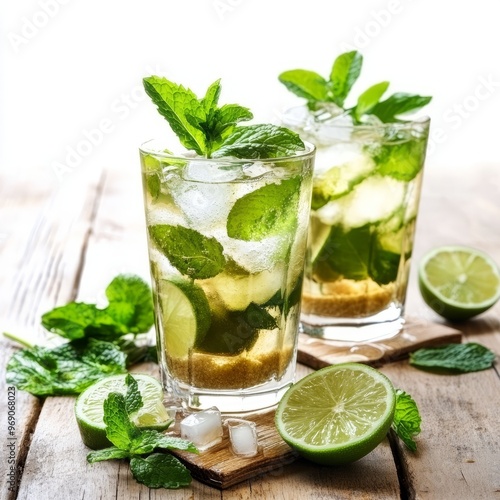 Fresh mojito mint cocktails with lime and brown sugar. isolated on white background.