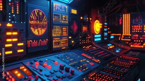 Neon lit retro futuristic control room panels