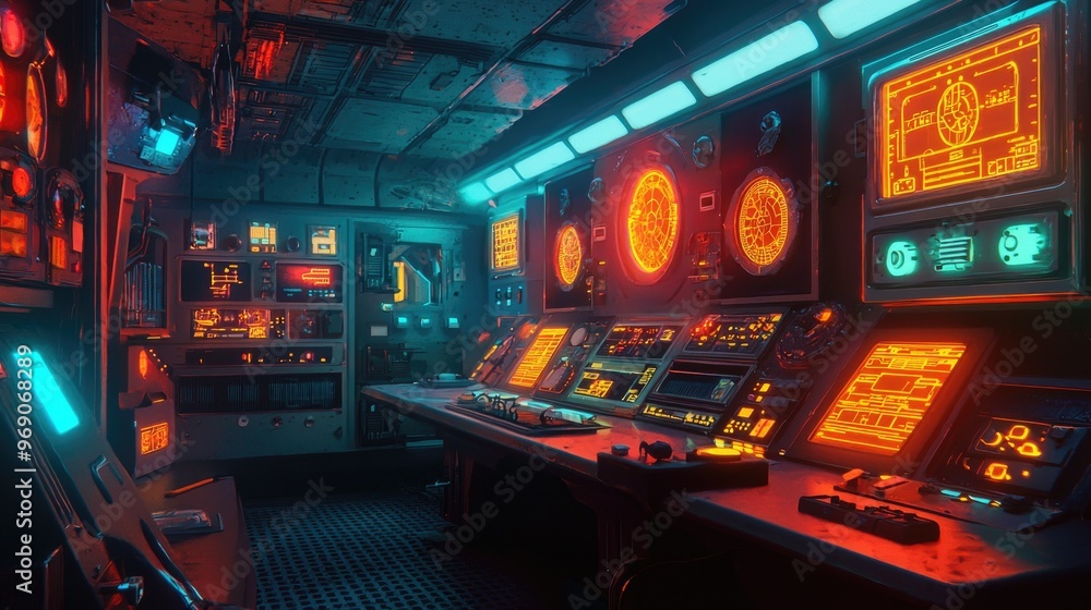 Neon lit retro futuristic control room with analog gauges Neon lit retro futuristic control room with analog gauges