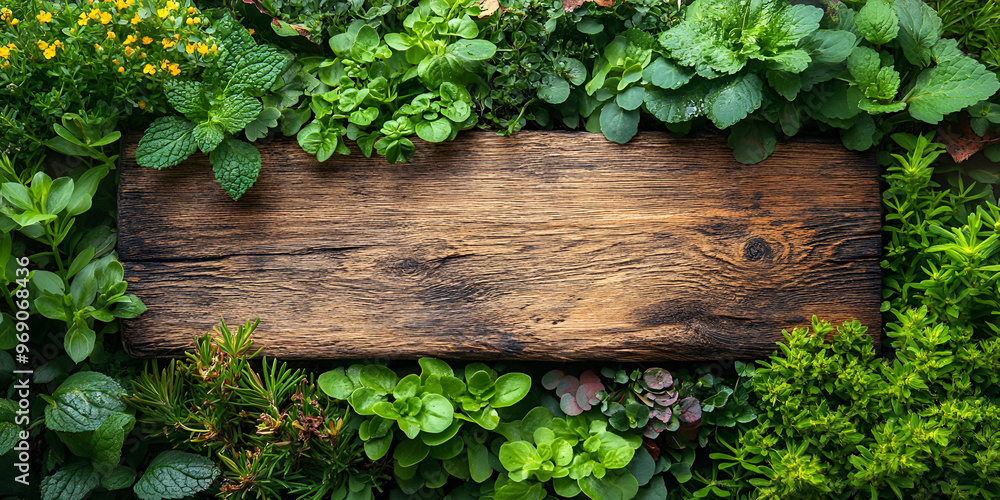 A rustic wooden sign nestled among vibrant plants and colorful flowers, creating a serene natural setting. A rustic wooden sign nestled among vibrant plants and colorful flowers, creating a serene natural setting.