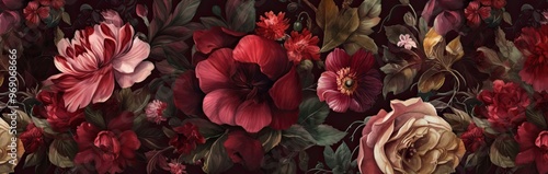 Wallpaper Mural Floral print pattern, red floral design, wallpaper texture, advertising banner, background.  Torontodigital.ca