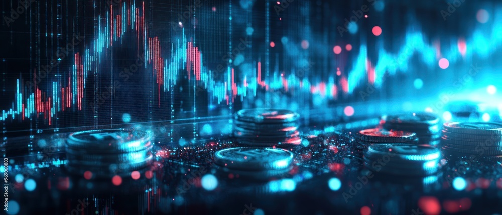 Cryptocurrency Coins and Fluctuating Stock Market Chart Cryptocurrency Coins and Fluctuating Stock Market Chart