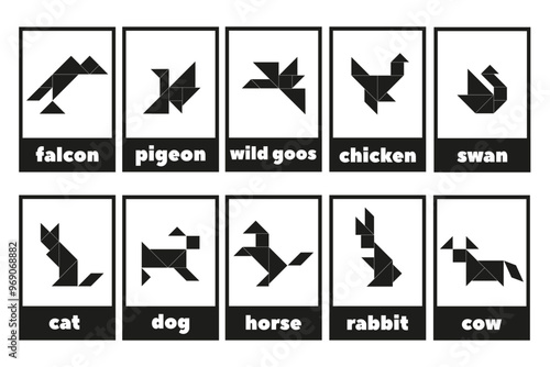 Tangram puzzle for children. Tangram line icons isolated. A set of educational tangram cards with animals and birds. Black and white geometric collection.