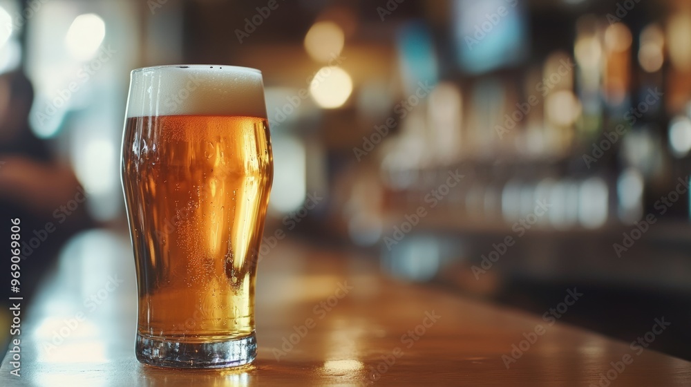 A Single Pint of Beer on a Bar Counter with a Blurry Background, Capturing the Essence of Relaxation and Social Gatherings. A Single Pint of Beer on a Bar Counter with a Blurry Background, Capturing the Essence of Relaxation and Social Gatherings.